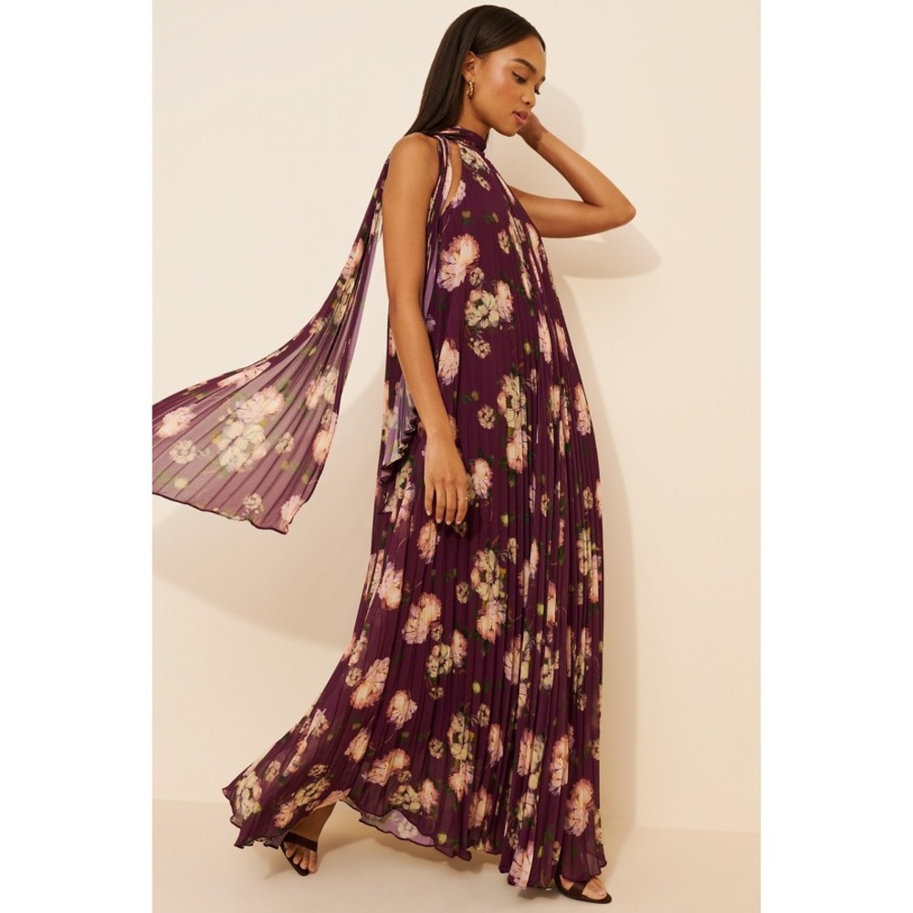 Anthro BHLDN Rosie Mock Neck Pleated Chiffon Maxi Dress Plum Floral Purple M